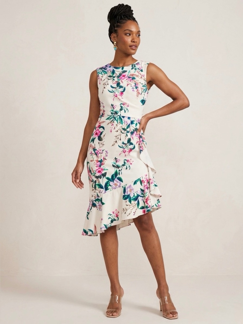 Eliza J Cream Floral High-Low Ruffle Sheath Dress